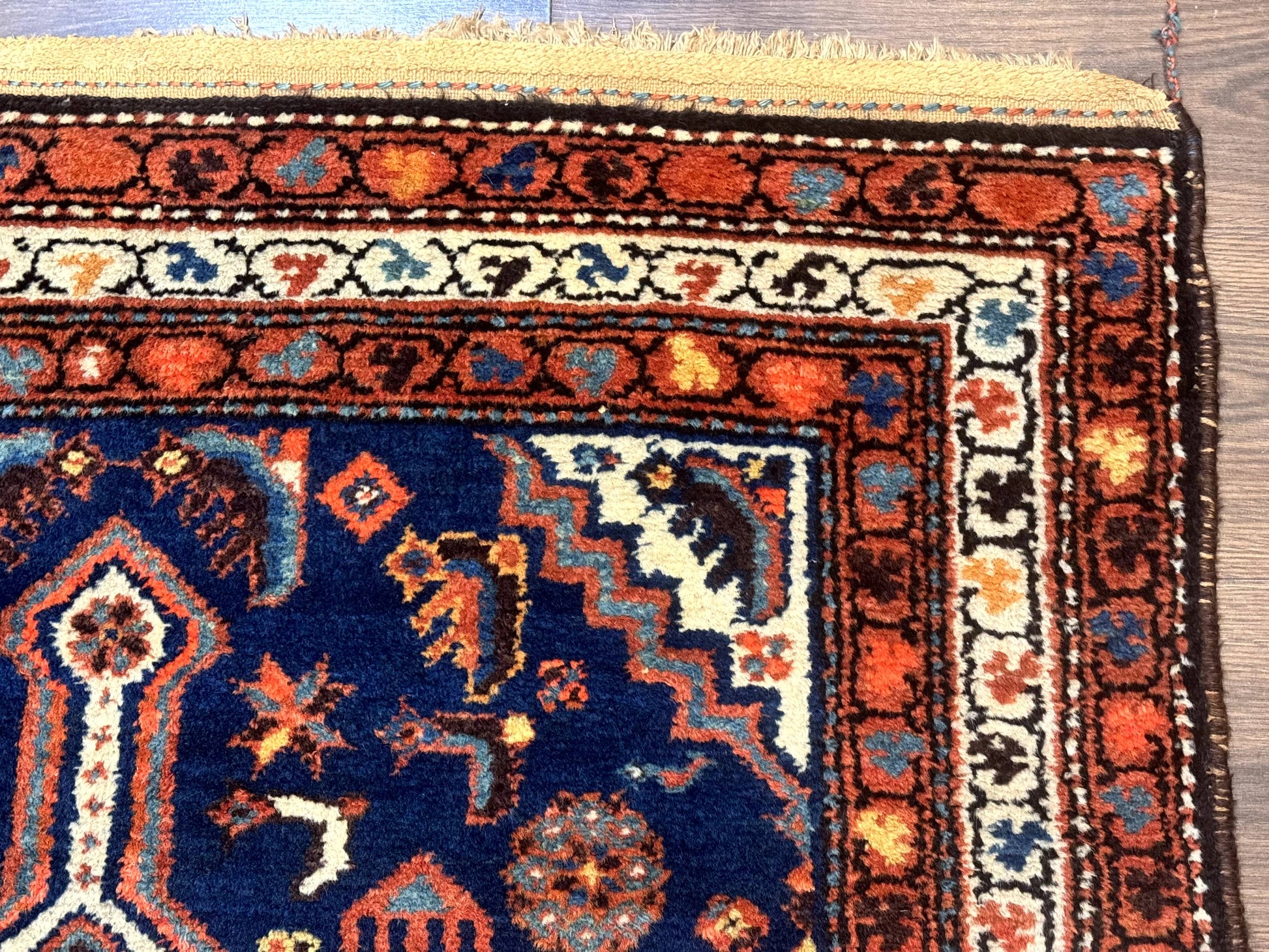Antique Persian Hamadan Rug 4x6, Geometric, Double Medallions, Navy Blue, Tribal Carpet - Nuvé
