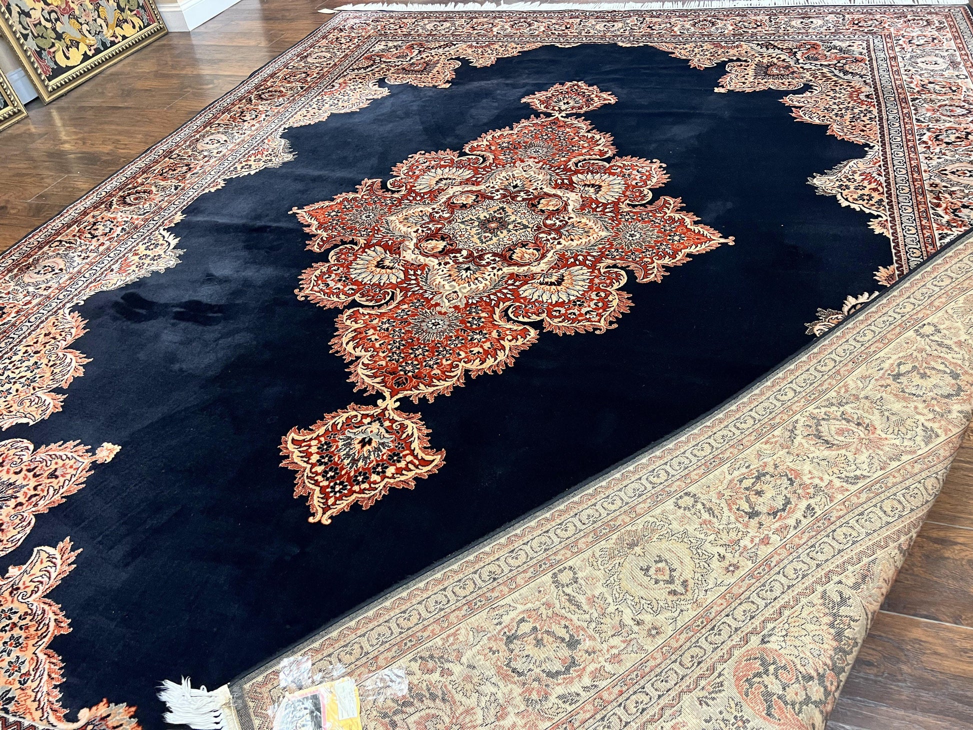 Karastan Rug 10x13, Karastan Ebony Kirman Rug, Room SIzed Wool Pile Vintage Karastan Carpet, Belgium Power Loomed Rug, Black Semi Open Field - Nuvé