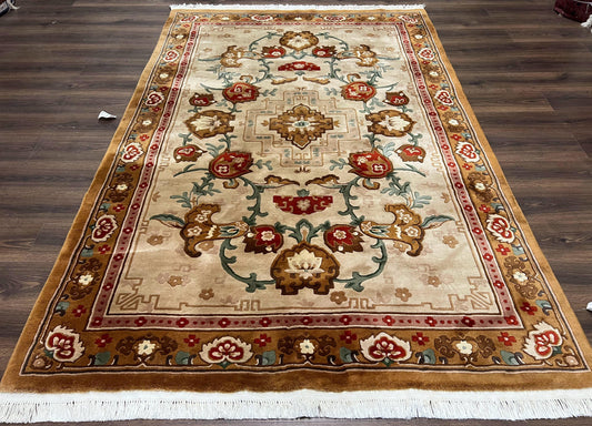 Chinese Wool Rug 5.9 x 9, Tan and Brown Asian Art Deco Carpet, Vintage 1960s Oriental Rug, Hand-Knotted Rug, Soft Wool, Medallion, Pair B - Nuvé