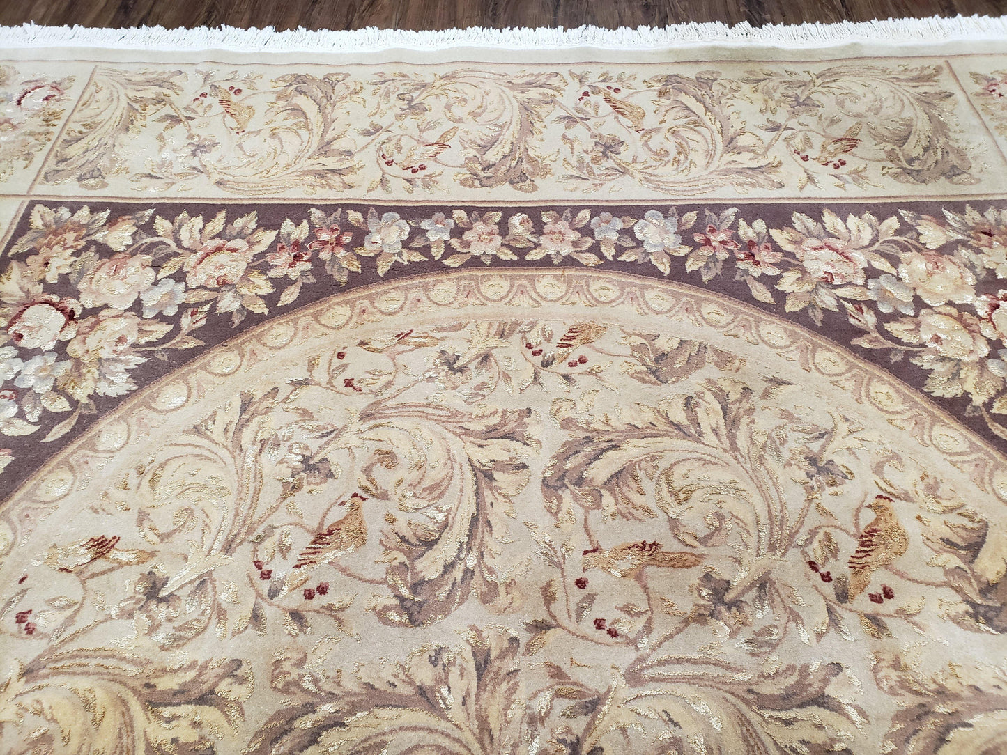 Chinese Aubusson Savonnerie Area Rug 8x12, Vintage 120 Line Carpet, Wool and Silk Hand-Knotted, Birds Flowers Master Weaver Signature - Nuvé