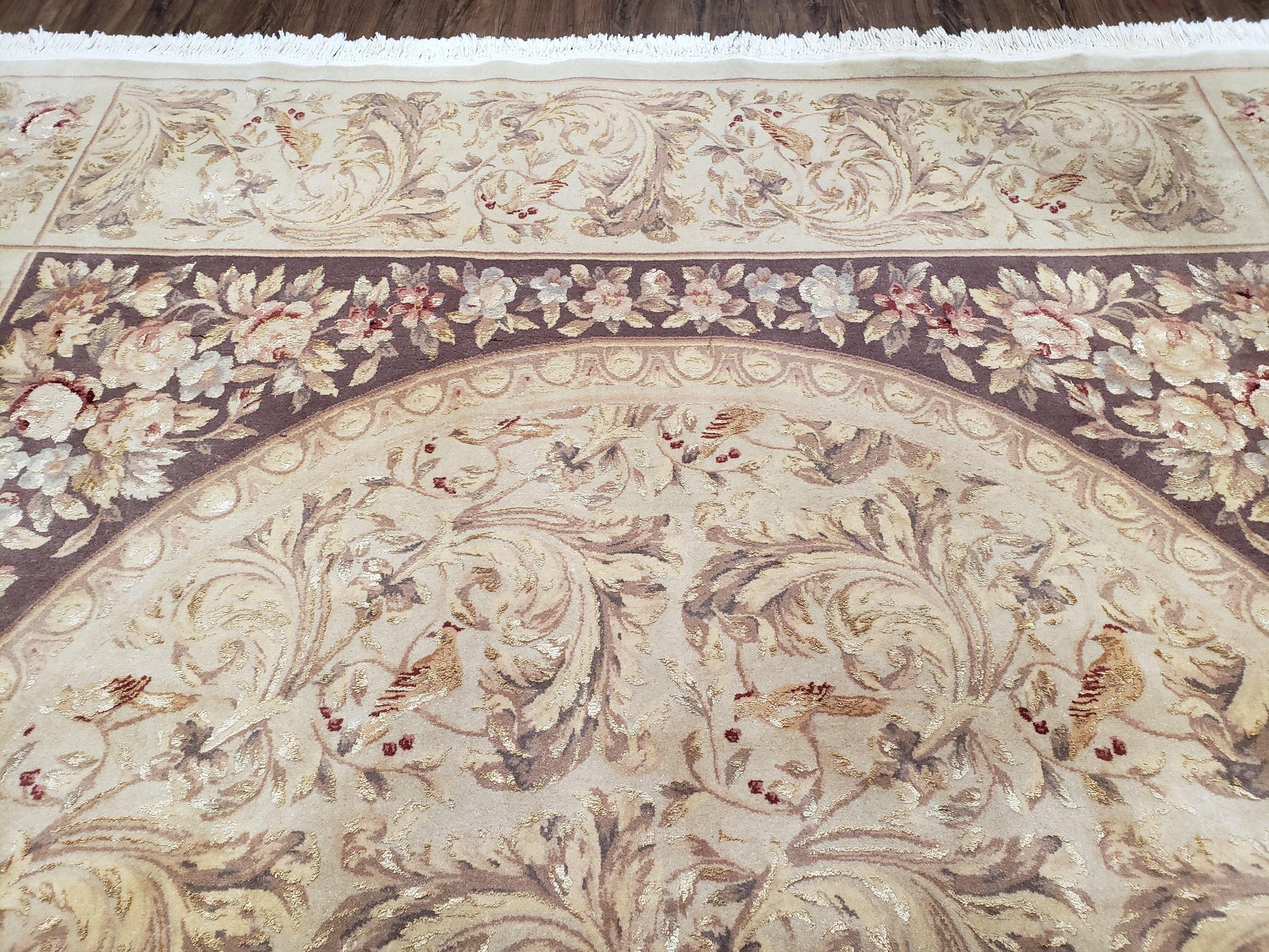 Chinese Aubusson Savonnerie Area Rug 8x12, Vintage 120 Line Carpet, Wool and Silk Hand-Knotted, Birds Flowers Master Weaver Signature - Nuvé