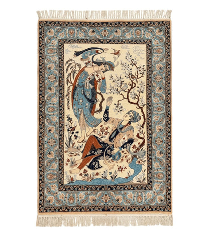 Persian Isfahan Pictorial Rug, Two Lovers, Kork Wool on Silk Foundation, Ivory and Light Blue, 500 KPSI Super Fine
