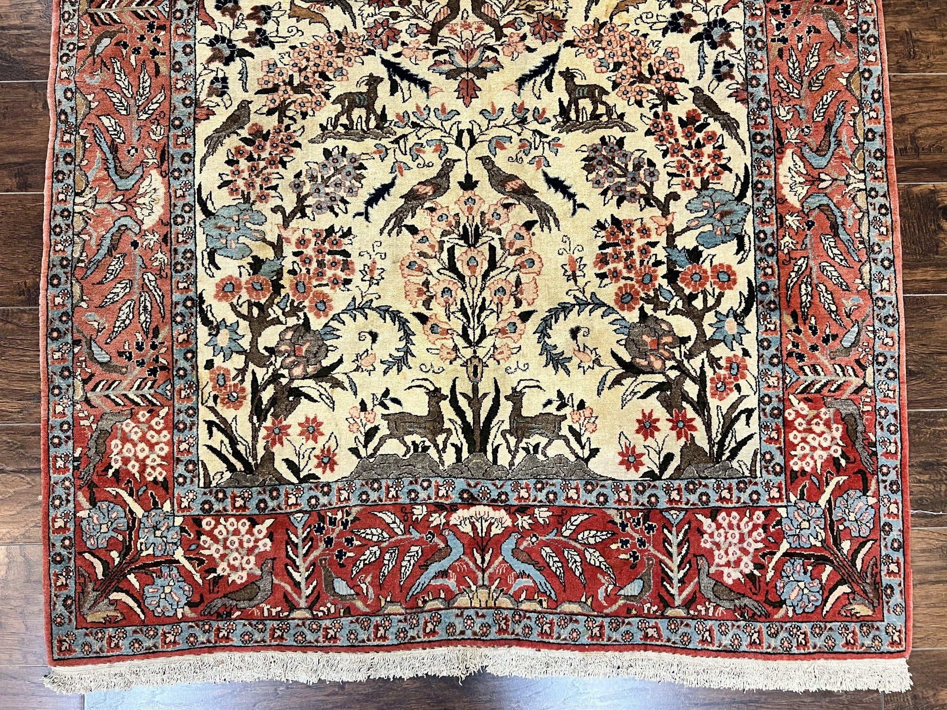 Persian Tree of Life 5x7, Qum Rug, Animal Motifs, Deer Birds, Fine 225 KPSI, Semi Antique Vintage Handmade Wool Rug, Cream Red - Nuvé