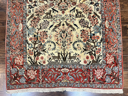 Persian Tree of Life 5x7, Qum Rug, Animal Motifs, Deer Birds, Fine 225 KPSI, Semi Antique Vintage Handmade Wool Rug, Cream Red - Nuvé
