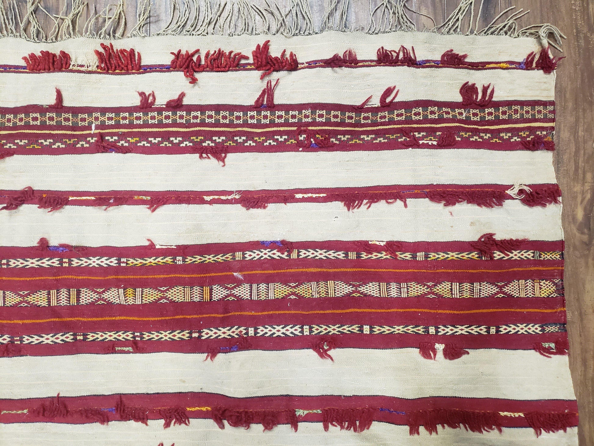 Antique Turkoman Yamud Rug 3x5 ft, 1920s Turkmen Sofreh Table Cover, Bohemian Rug, Tribal Collectible, Striped Rug, Handmade Ivory and Red - Nuvé