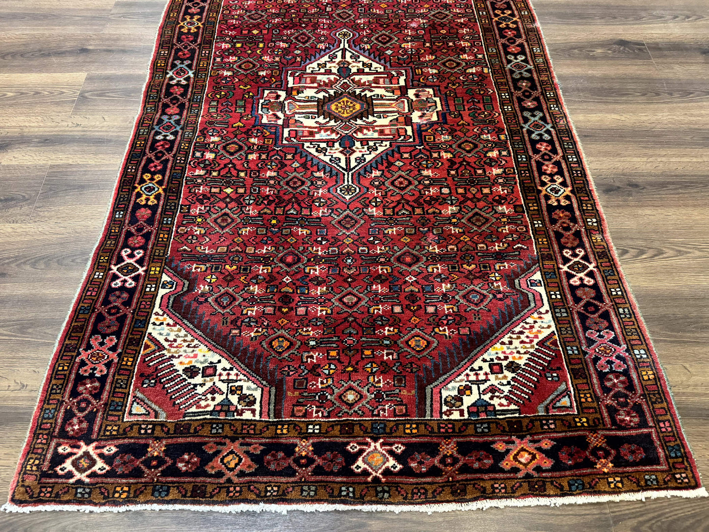 Persian Hamadan Rug 4x7, Tribal Village Malayer Carpet, Red and Ivory, Bohemian Antique - Nuvé