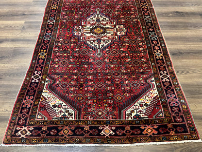 Persian Hamadan Rug 4x7, Tribal Village Malayer Carpet, Red and Ivory, Bohemian Antique - Nuvé
