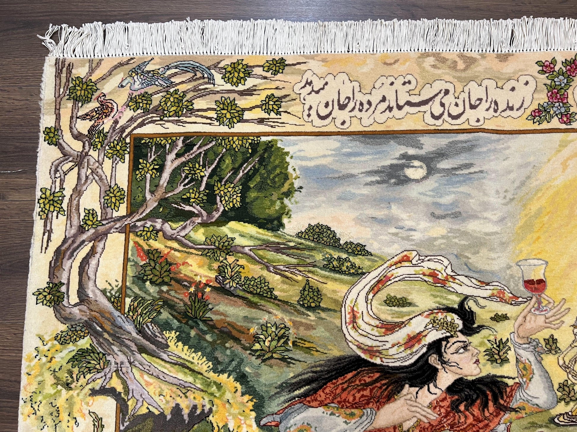 Persian Tabriz Pictorial Rug 5x3, Hafez Poetry In Border, Very Fine Hand Knotted Carpet, Wall Hanging Wool Oriental Carpet 3x5, Highly Detailed - Nuvé