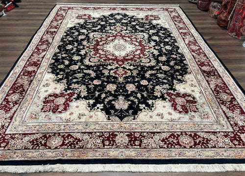 Pak Persian Rug 8.8 x 10.6, Floral Medallion, Wool and Silk Hand Knotted Fine Oriental Carpet, Elegant Rug, Black Gray Burgundy, Room Sized - Nuvé