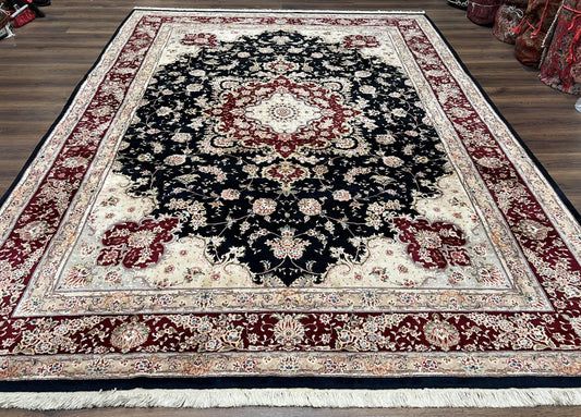 Pak Persian Rug 8.8 x 10.6, Floral Medallion, Wool and Silk Hand Knotted Fine Oriental Carpet, Elegant Rug, Black Gray Burgundy, Room Sized - Nuvé
