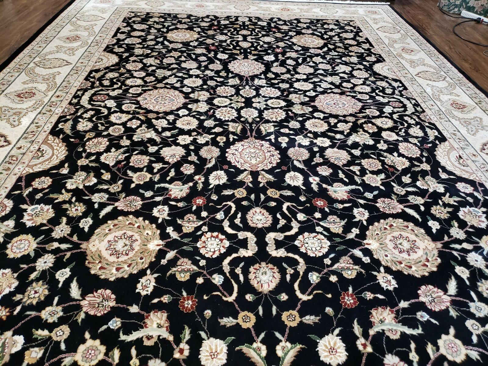 8' 5" X 11' 6" Vintage Handmade Oriental Floral Wool Rug Silk Accent Black Nice - Nuvé