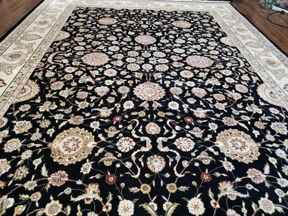8' 5" X 11' 6" Vintage Handmade Oriental Floral Wool Rug Silk Accent Black Nice - Nuvé