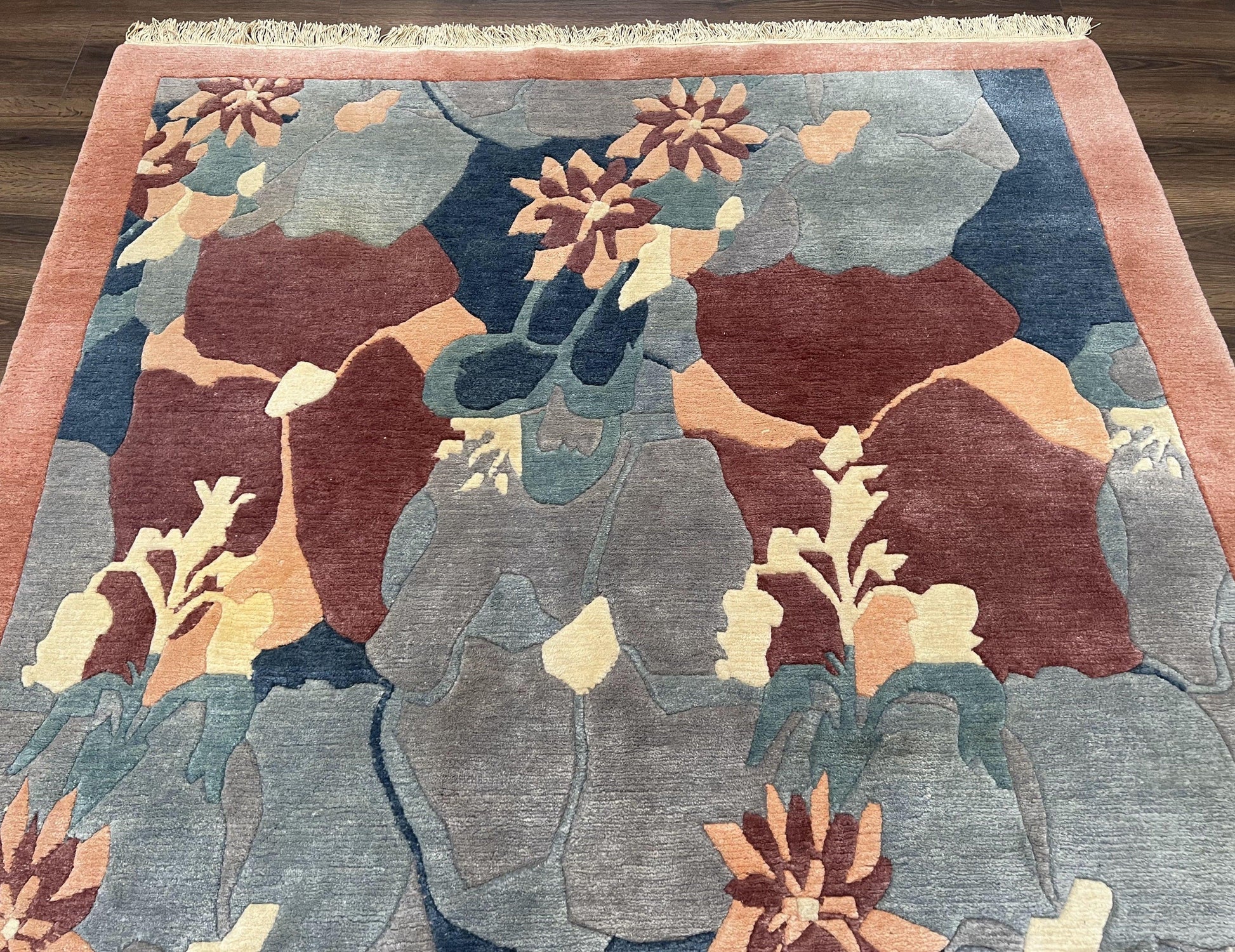 Modern Tibetan Rug 5.7 x 7.9, Abstract Multicolor Flower Pattern, Navy Blue Maroon Salmon, Soft Wool, Hand Knotted Contemporary Carpet 6x8 - Nuvé
