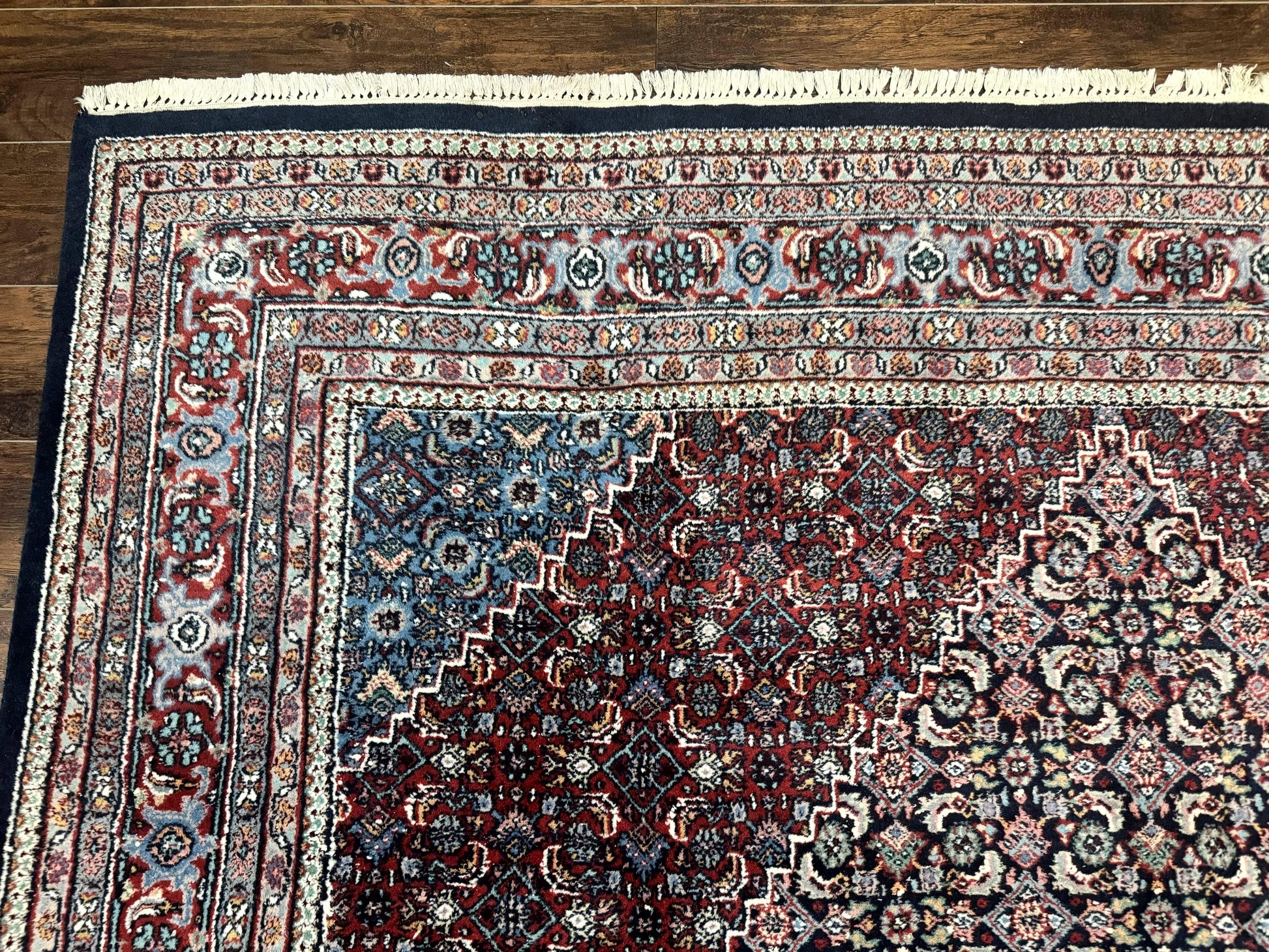 Indo Persian Bidjar Rug 8x11, Herati Mahi Pattern, Red Navy Blue, Handmade Vintage Wool Carpet - Nuvé
