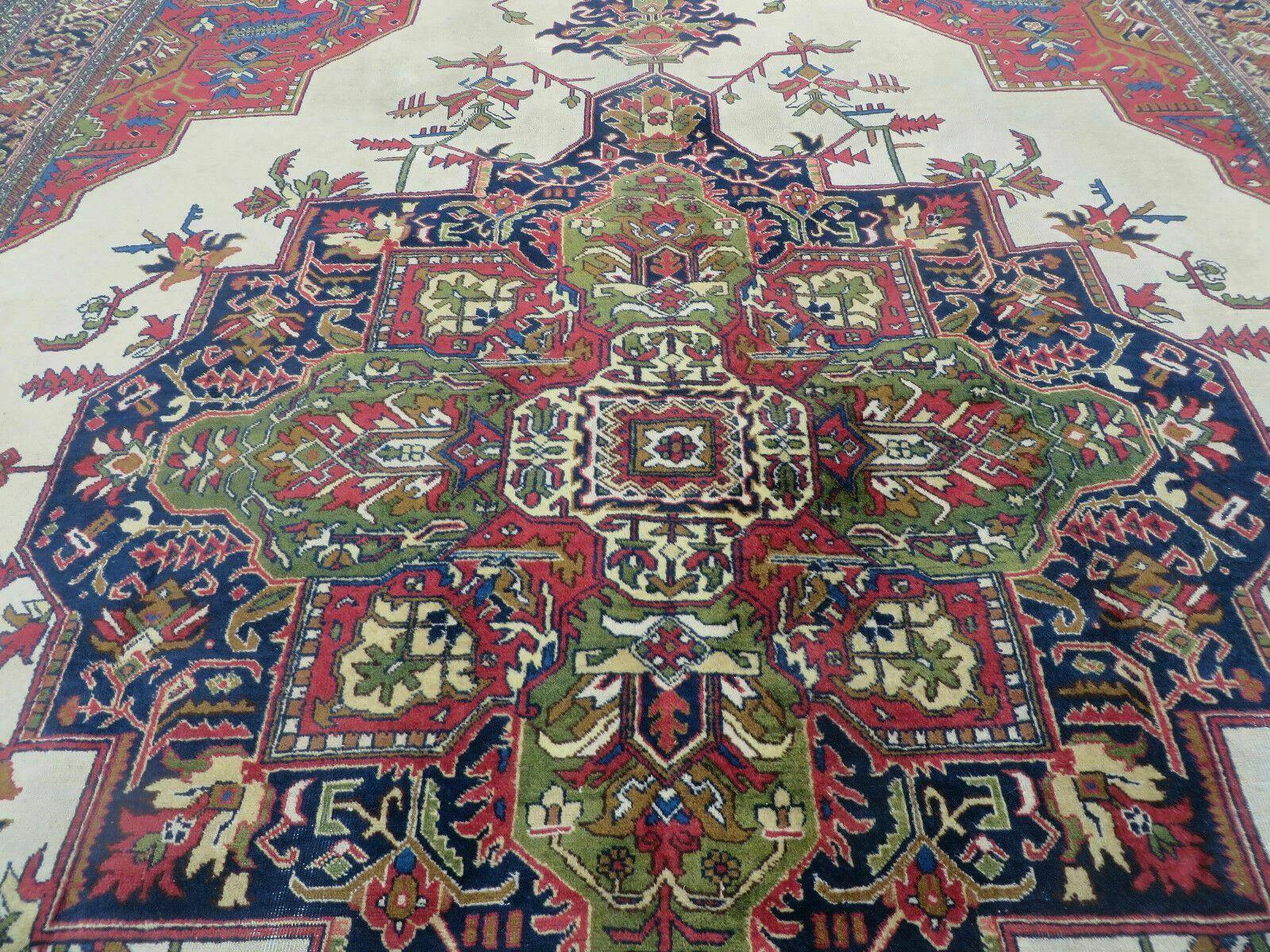 Persian Tabriz Rug 10x13 Oriental Carpet, Ivory Open Field, Geometric Medallion, Red Blue, Hand Knotted, Large Wool Area Rug Vintage Antique 1950s - Nuvé