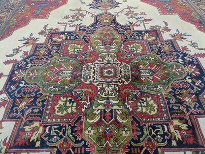Persian Tabriz Rug 10x13 Oriental Carpet, Ivory Open Field, Geometric Medallion, Red Blue, Hand Knotted, Large Wool Area Rug Vintage Antique 1950s - Nuvé