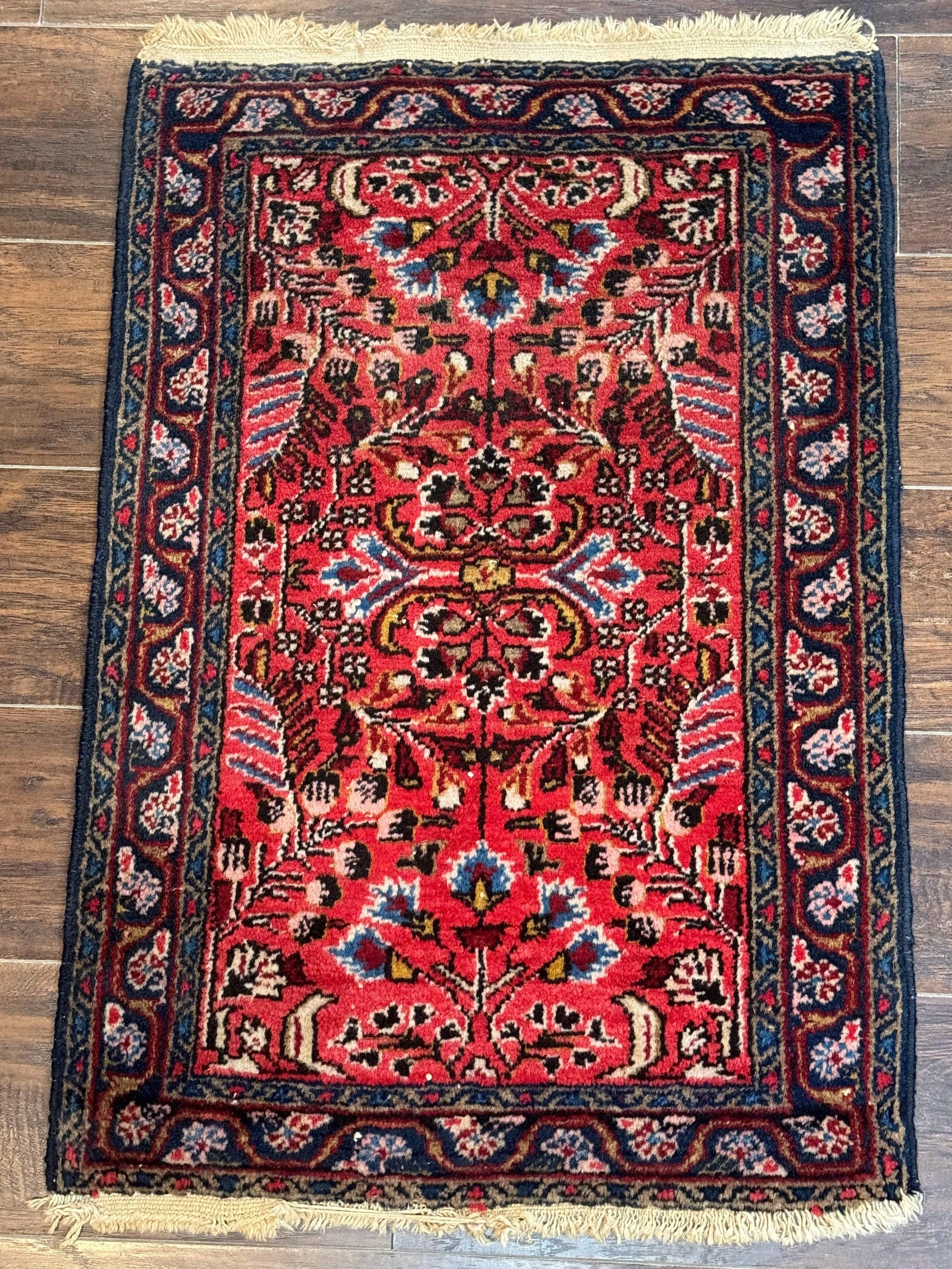 Small Antique Persian Tribal Rug 2x3, Red, Floral, Handmade, Hamadan Rug - Nuvé