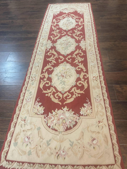 Aubusson Runner Rug 3x10, European Design, Red and Beige, Elegant, Handmade Wool Rug - Nuvé