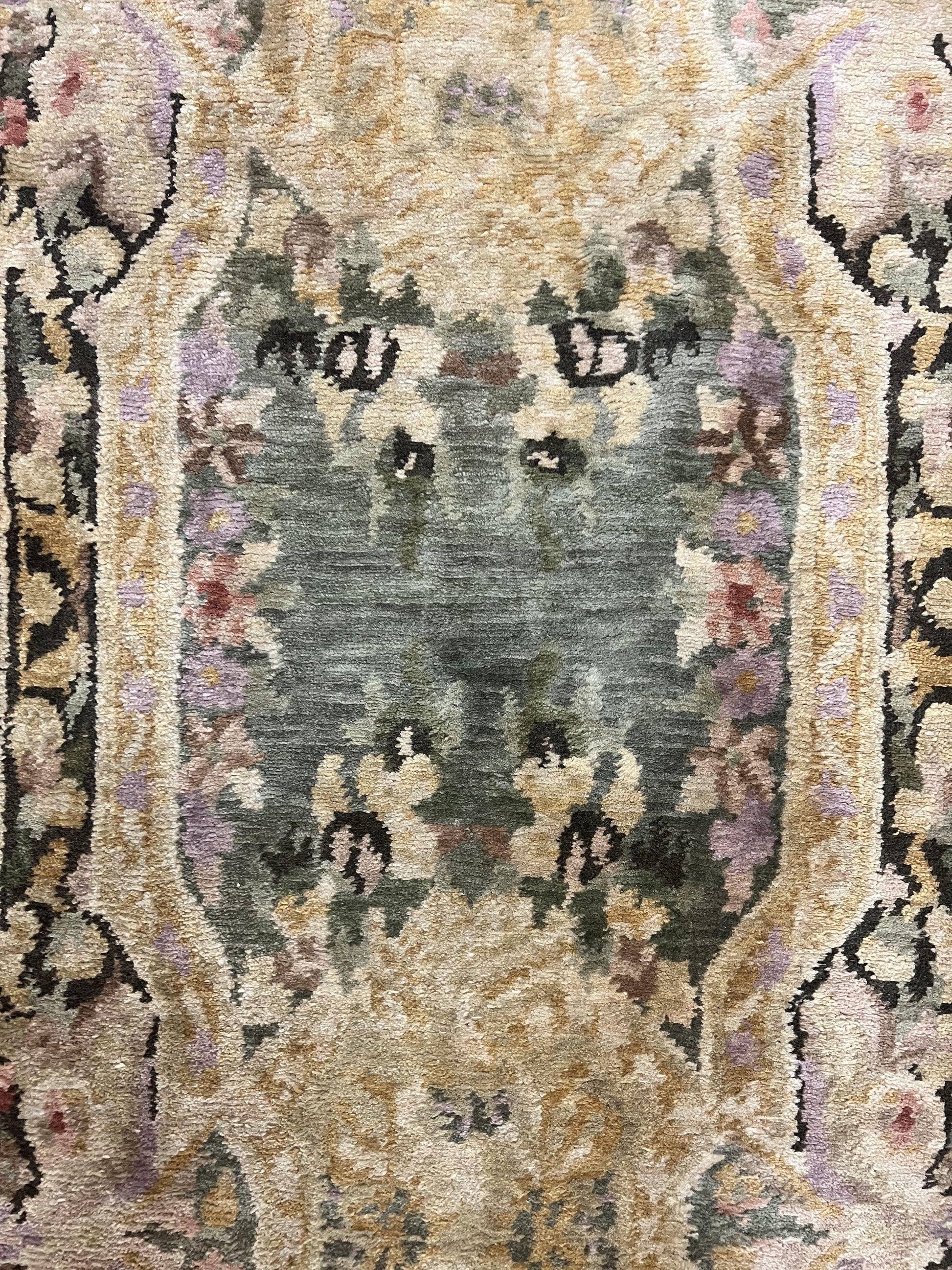 Tibetan Runner Rug 2.6 x 10, French Aubusson Pattern, Gold Olive Green, Vintage Handmade European Design, Wool Hallway Rug - Nuvé