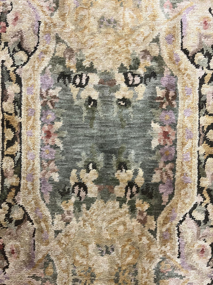 Tibetan Runner Rug 2.6 x 10, French Aubusson Pattern, Gold Olive Green, Vintage Handmade European Design, Wool Hallway Rug - Nuvé