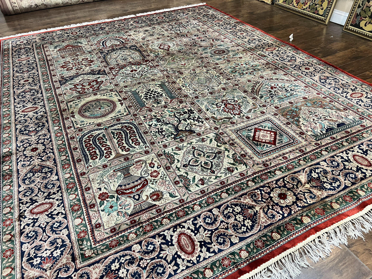 Silk Sino Persian Rug 9x12, Panel Design, Garden of Eden Pattern, Fine 200 KPSI, Hand Knotted Room Sized Silk Carpet, Vintage - Nuvé