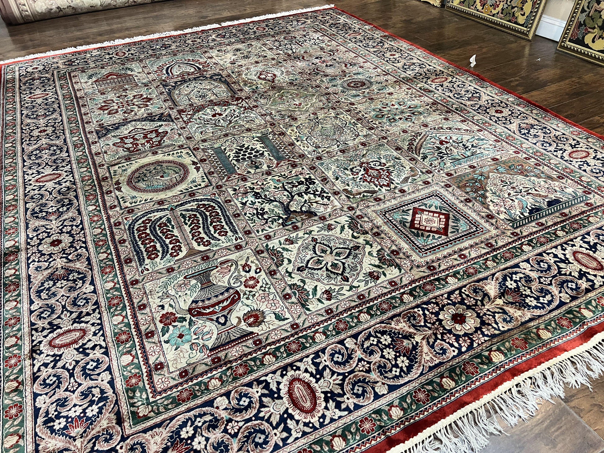Silk Sino Persian Rug 9x12, Panel Design, Garden of Eden Pattern, Fine 200 KPSI, Hand Knotted Room Sized Silk Carpet, Vintage - Nuvé