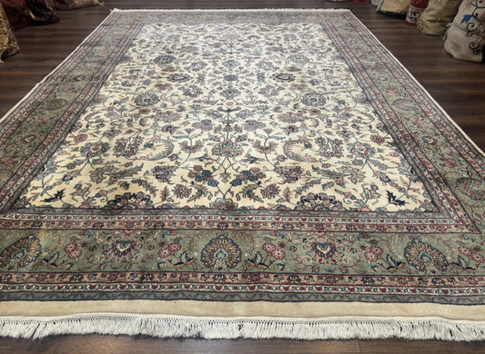 Indo Persian Rug 9x12, Allover Floral Pattern, Ivory & Green, Traditional Oriental Carpet - Nuvé