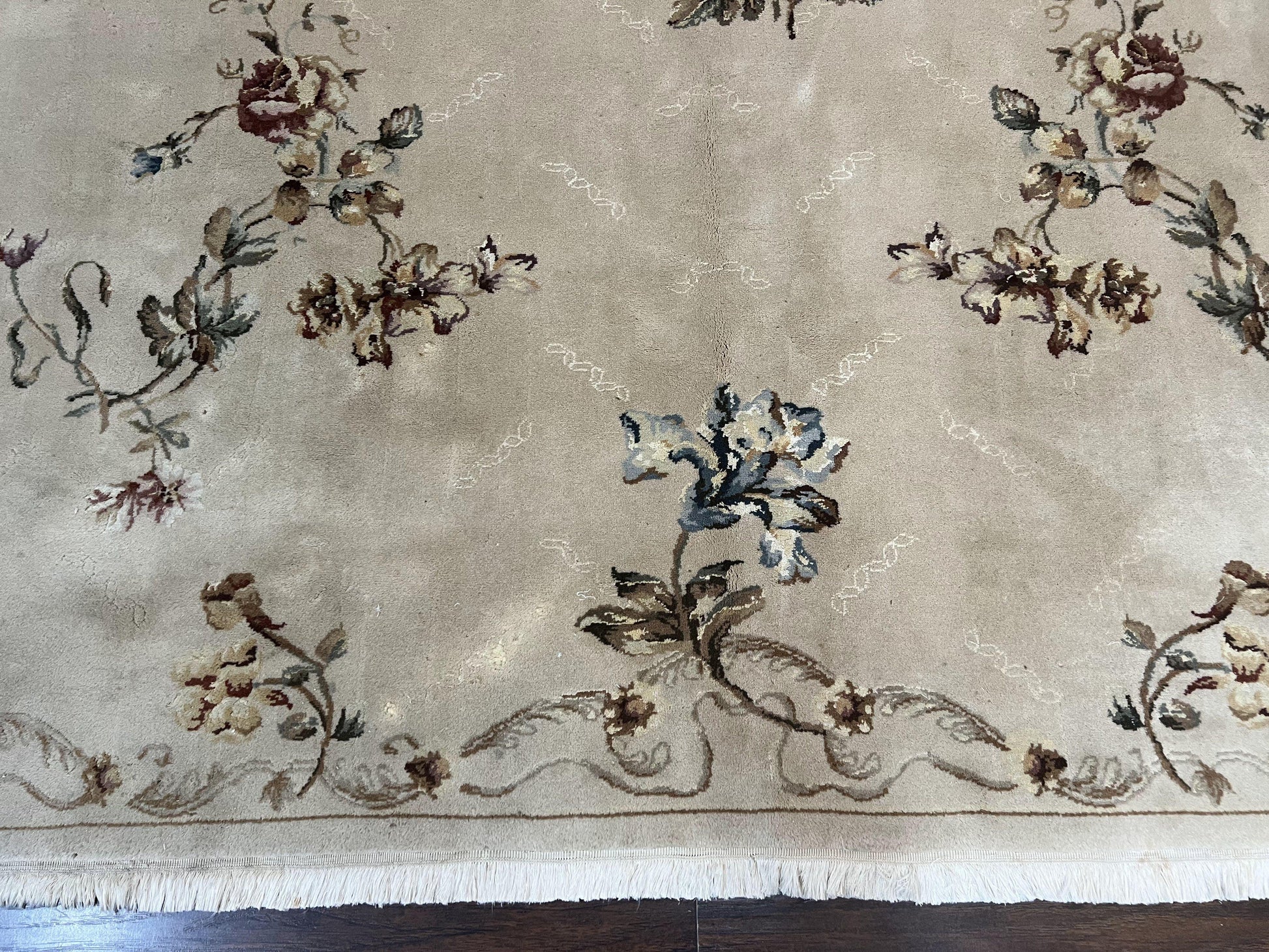 Chinese 120 Line Rug 8x10, Chinese Aubusson Wool & Silk Highlights Handmade Vintage Carpet, Beige Fine Weave Rug, Floral European Design - Nuvé