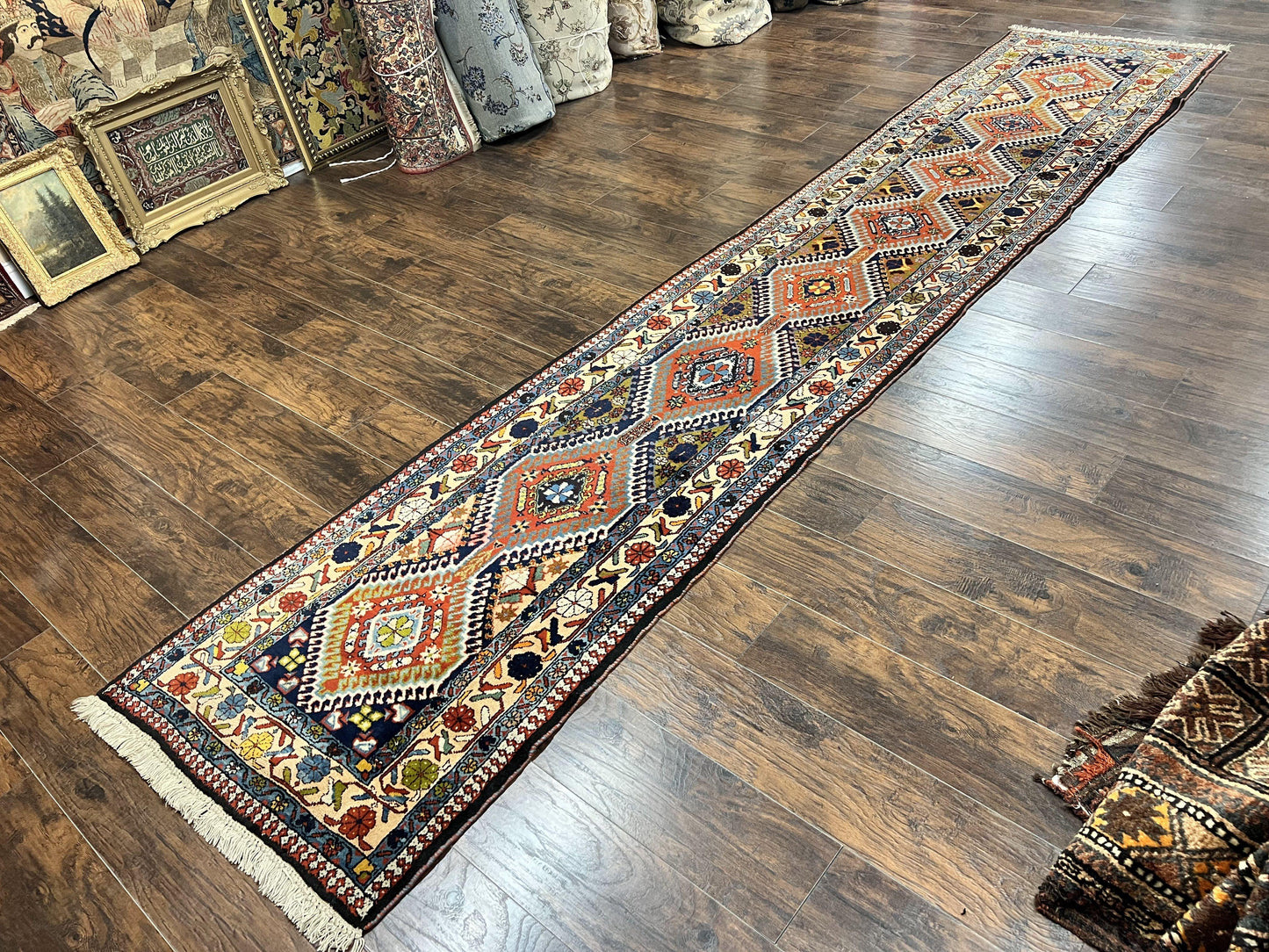 Persian Tribal Runner Rug 2.9 x 14, Colorful Rare Antique Persian Shiraz Yalameh Geometric Carpet for Hallway, 14ft Runner, Handmade, Wool, Red - Nuvé