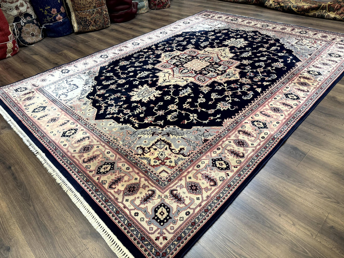 Karastan Rug 8x11 Navy Serapi, Kara Shah Rug, Navy Blue, Vintage Karastan Area Rug Wool Pile Karastan Rug - Nuvé