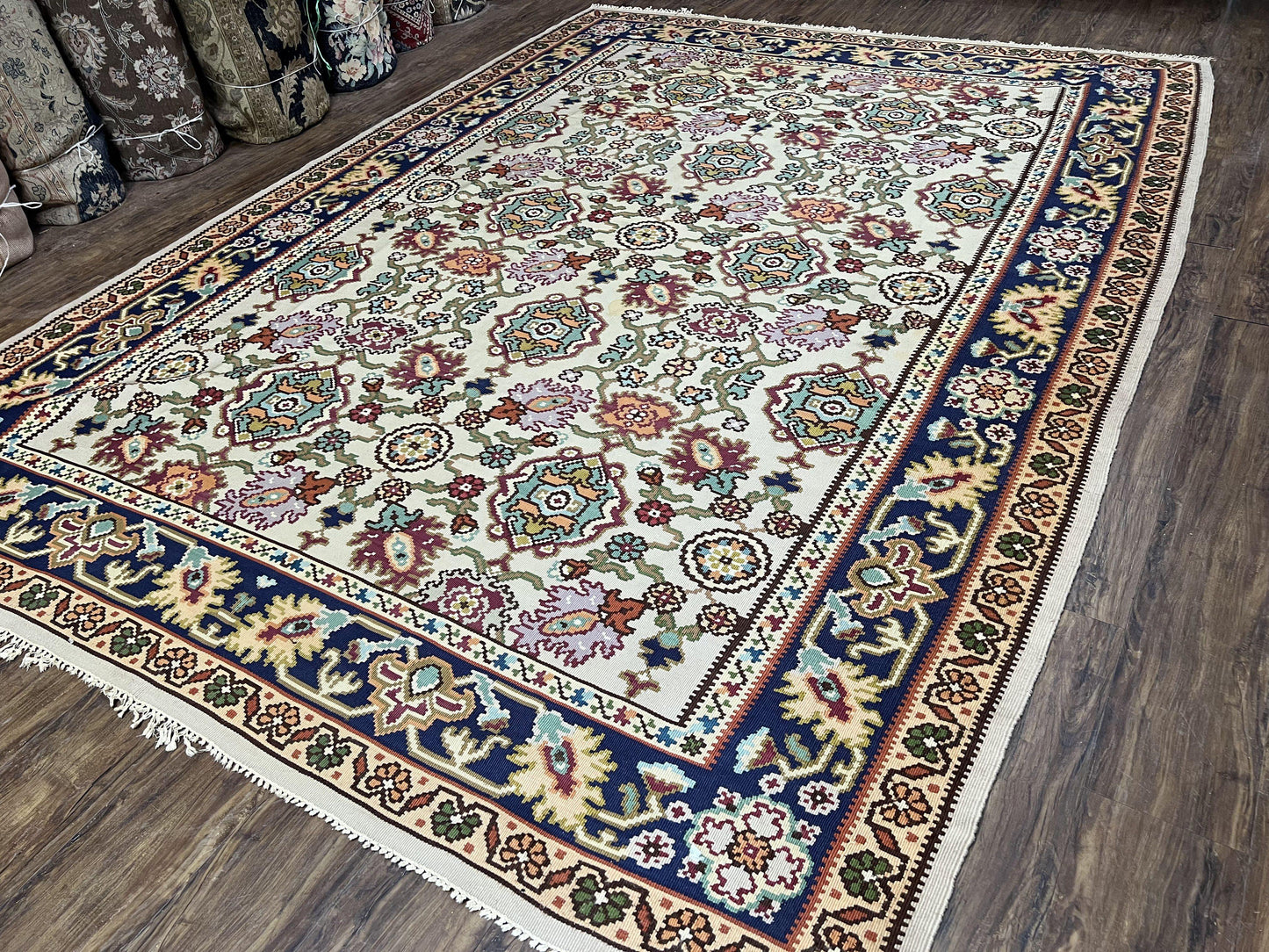 Antique Turkish Kilim Rug 7x10 Allover Pattern, Ivory Cream Maroon Light Blue, Wool Flatweave Hand Woven, Large Kilim, Vintage Kilim Carpet - Nuvé