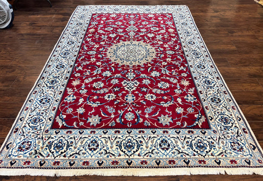 Persian Nain Rug 6x10, Wool and Silk Highlights, Red and Ivory, Floral Medallion, Vintage Handmade Hand Knotted, Fine 225 KPSI, Traditional Rug - Nuvé
