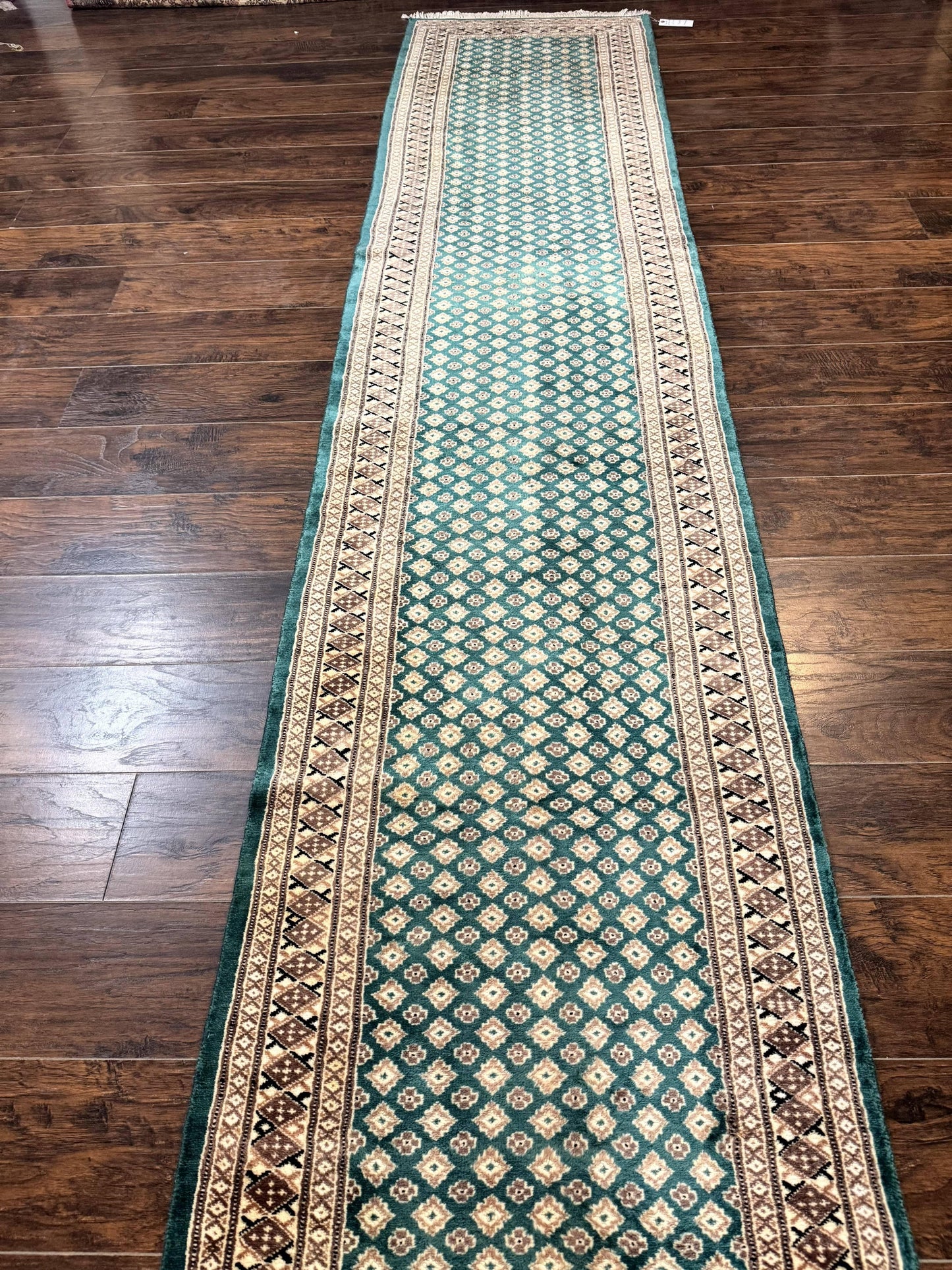 Long Pakistani Runner Rug 2.8 x 20, Hand Knotted Vintage Wool Hallway Rug, Turkoman Rug, Teal and Tan, Handmade Vintage Wool Runner - Nuvé