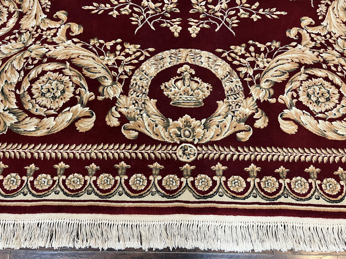 Aubusson Rug 9x12, Wool Handmade Carpet, Elegant French European Design, Dark Maroon Red, 9 x 12 Room Sized Rug, Finely Hand Knotted - Nuvé