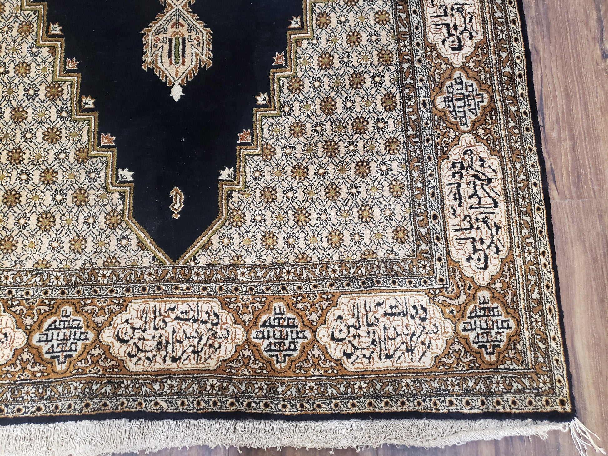 Persian Silk Qum Rug, Silk on Silk, Black Golden Brown and Beige, Hand-Knotted, 3'6" x 5' 5" - Nuvé