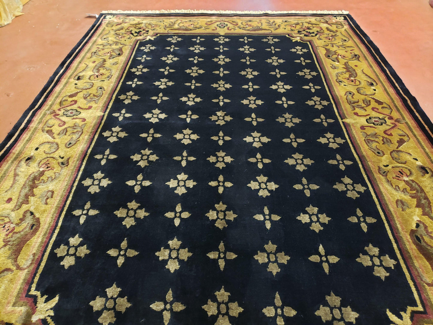 6x9 Aubusson Design Nepali Tibetan Rug Black & Tan Hand-Knotted Wool Carpet Soft Plush Pile New Rug Nice - Nuvé