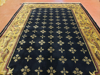 6x9 Aubusson Design Nepali Tibetan Rug Black & Tan Hand-Knotted Wool Carpet Soft Plush Pile New Rug Nice - Nuvé