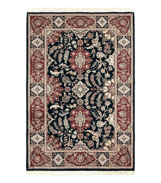 Pak Persian Rug 4x6, Black and Burgundy, Floral Allover, Wool and Silk