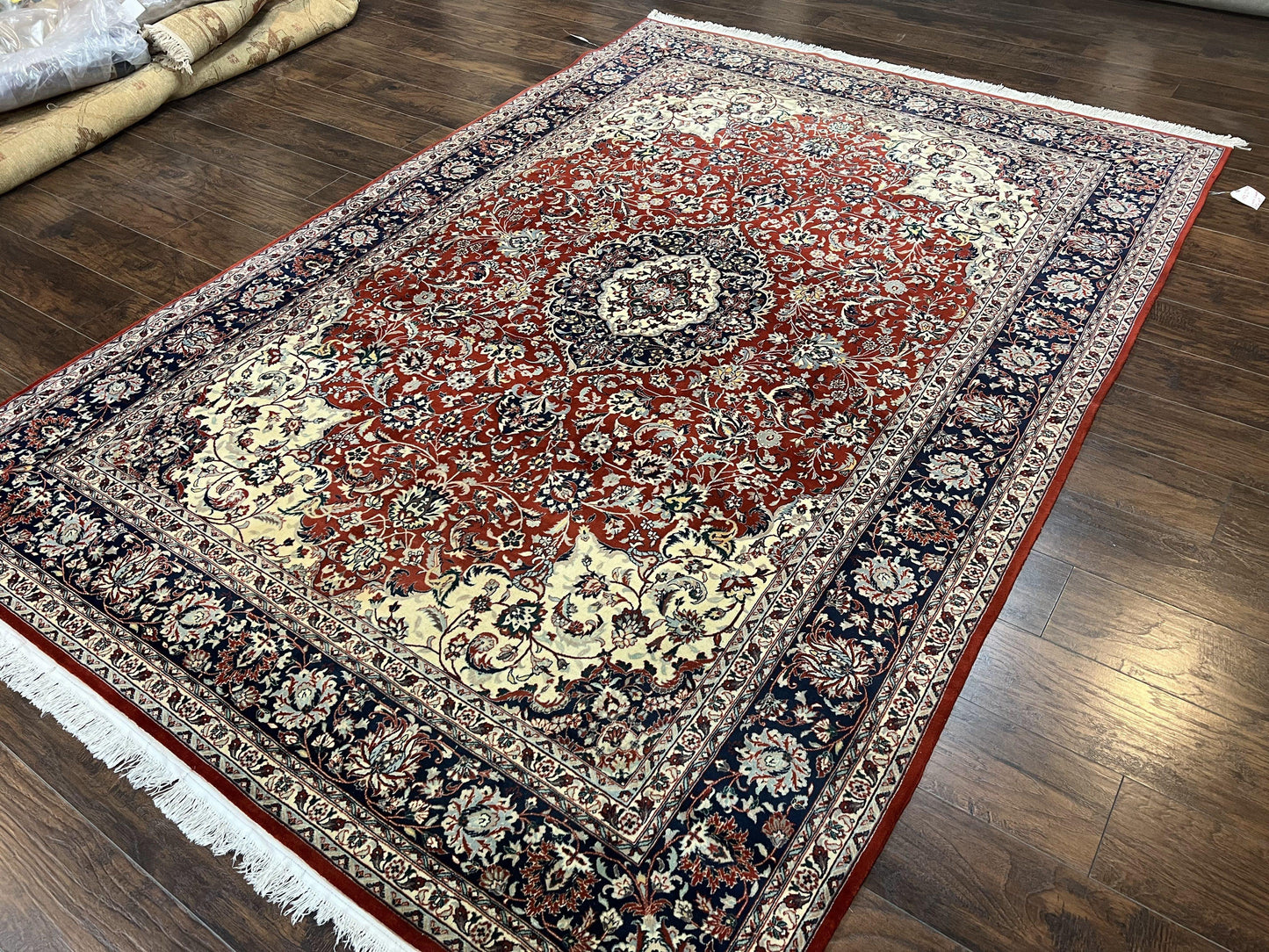 Fine Sino Persian Rug 7x10 ft, Floral Central Medallion Oriental Carpet, Red Navy Blue Cream, Hand Knotted Wool Traditional Vintage Rug - Nuvé