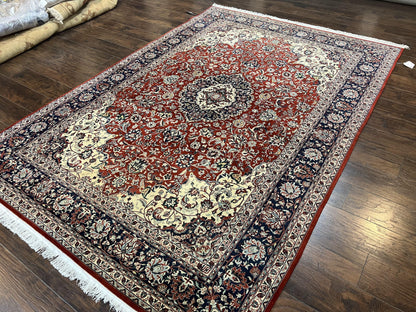 Fine Sino Persian Rug 7x10 ft, Floral Central Medallion Oriental Carpet, Red Navy Blue Cream, Hand Knotted Wool Traditional Vintage Rug - Nuvé
