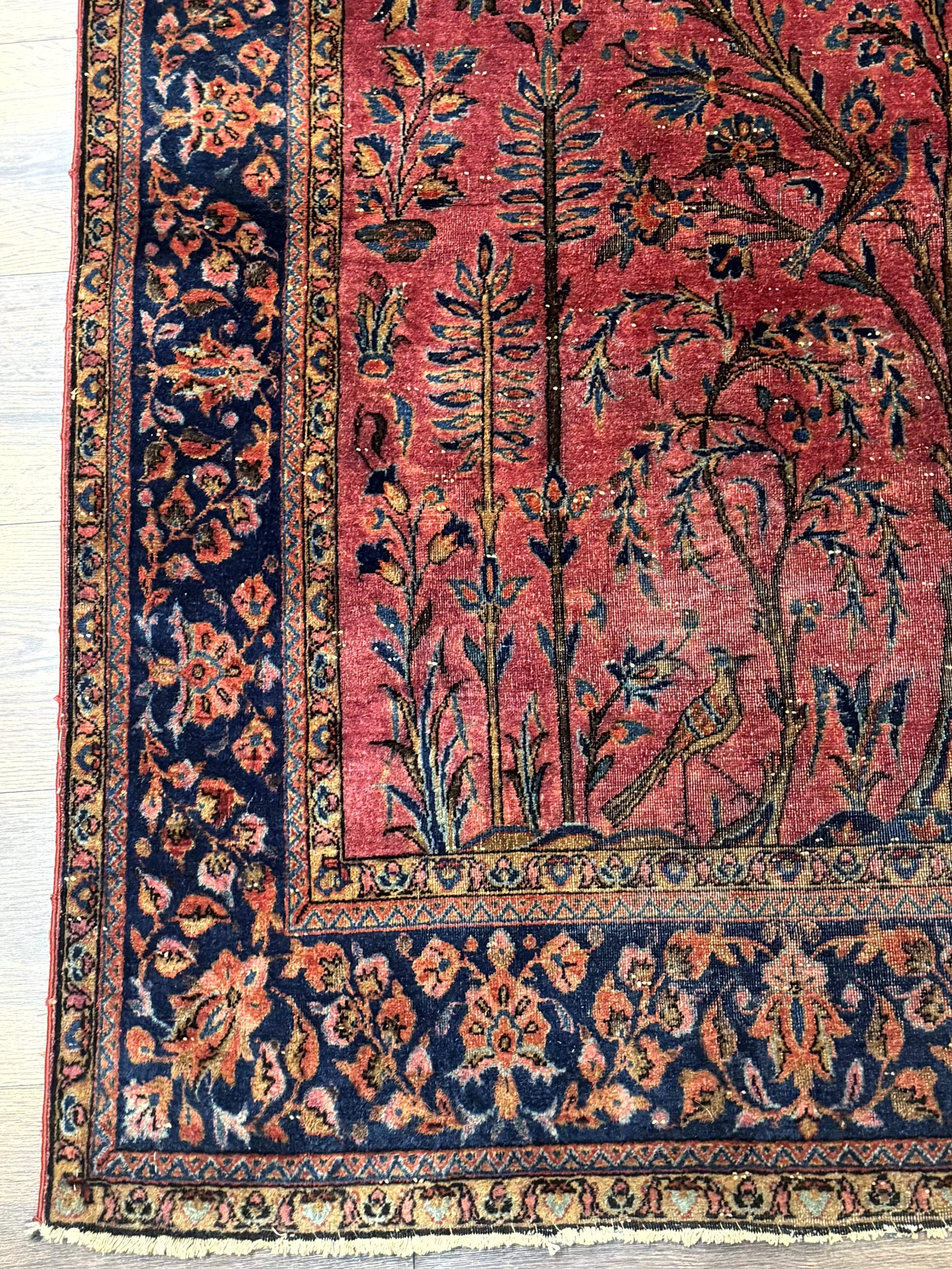 Antique Persian Tree of Life Rug 3x5, Manchester Wool, Bird Pictorials, Fine 240 KPSI, Red Navy Blue - Nuvé