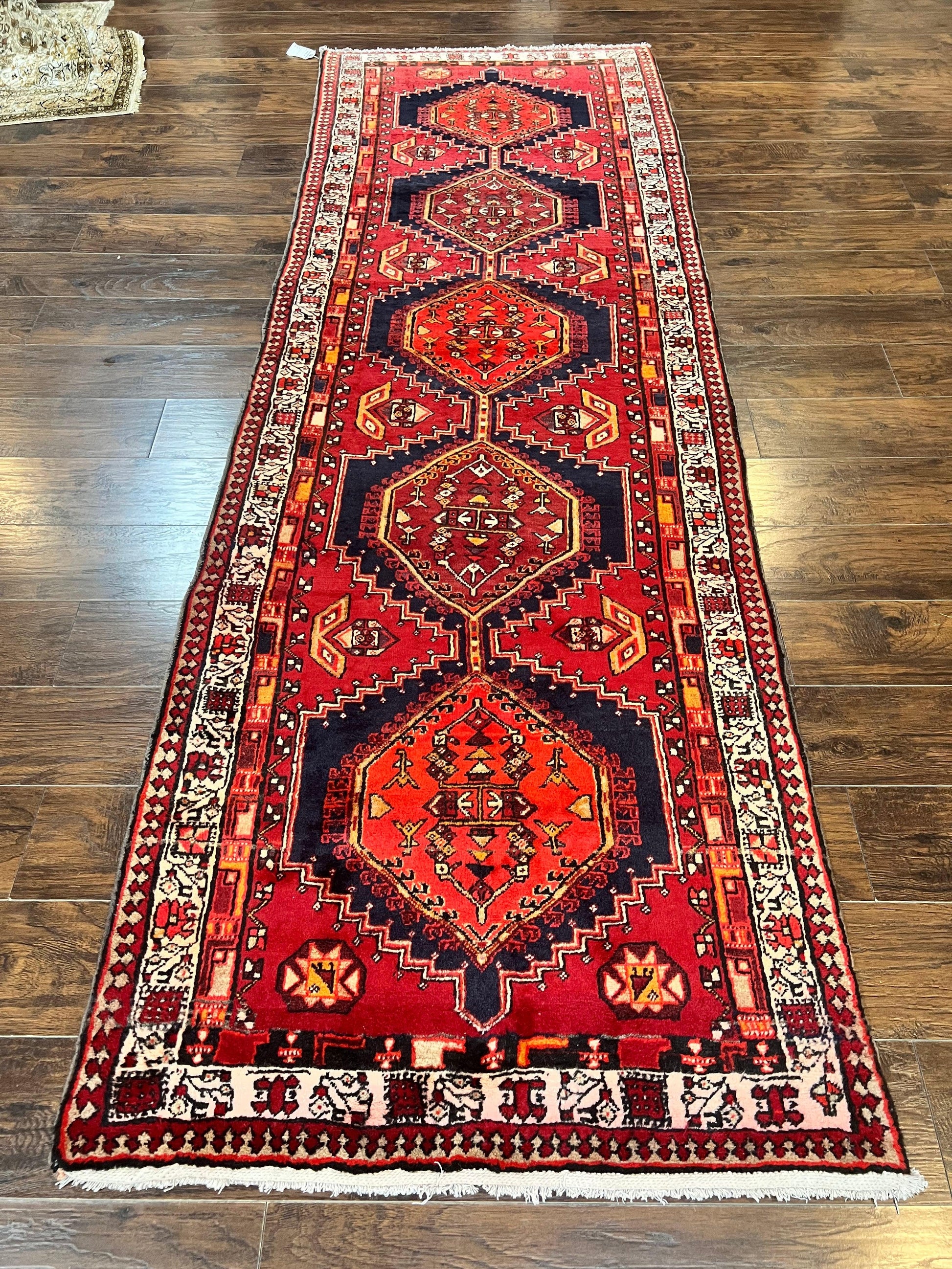 Persian Heriz Runner Rug 3.7 x 11, Persian Tribal Runner, Handmade Wool, Medallions, Geometric, Red, Antique Vintage Hand Knotted Rug - Nuvé