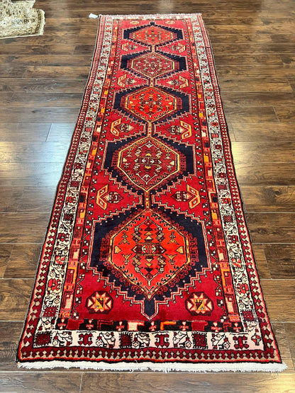 Persian Heriz Runner Rug 3.7 x 11, Persian Tribal Runner, Handmade Wool, Medallions, Geometric, Red, Antique Vintage Hand Knotted Rug - Nuvé
