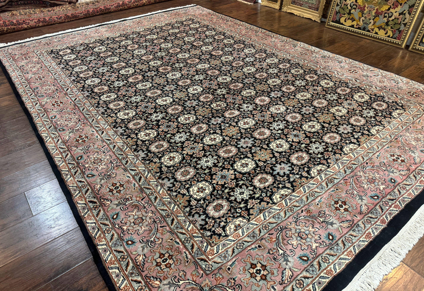 Indo Persian Rug 9x12, Vintage Handmade Wool Carpet, Repeated Allover Motif, Navy Blue and Pink - Nuvé