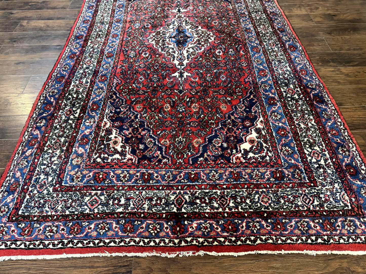 Persian Tribal Rug 6x11, Red Blue Ivory, Antique Persian Carpet, Hamadan Dargazin Carpet - Nuvé