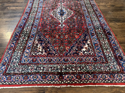 Persian Tribal Rug 6x11, Red Blue Ivory, Antique Persian Carpet, Hamadan Dargazin Carpet - Nuvé