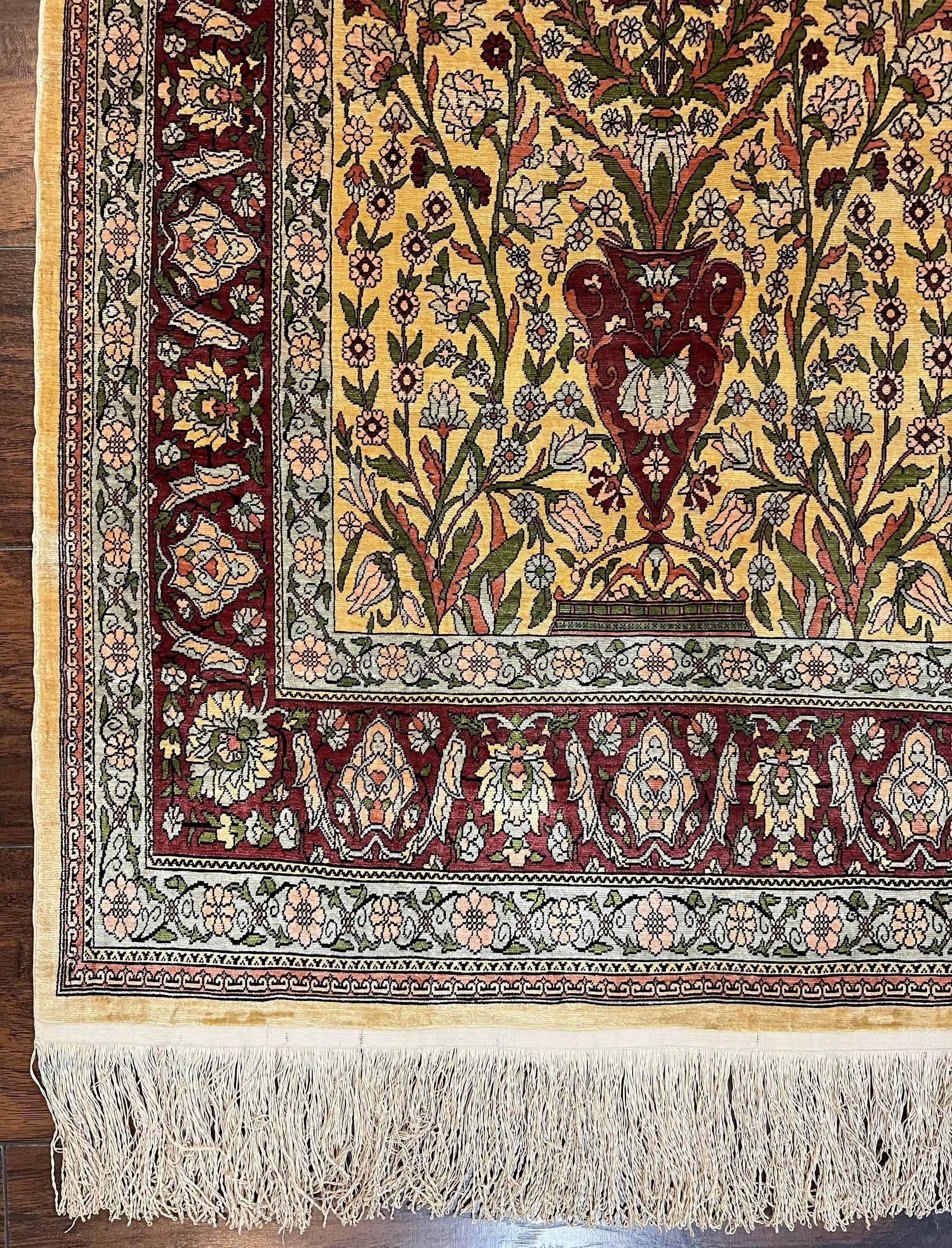 Wonderful Silk Turkish Hereke Prayer Rug 2.8 x 4.5, Tree of Life Design, Signature from Master Weaver, Gold and Burgundy, Handmade, 625 KPSI - Nuvé