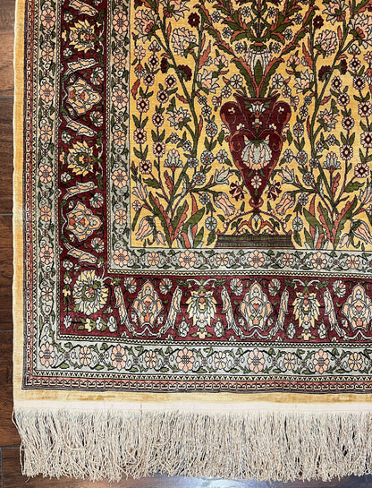 Wonderful Silk Turkish Hereke Prayer Rug 2.8 x 4.5, Tree of Life Design, Signature from Master Weaver, Gold and Burgundy, Handmade, 625 KPSI - Nuvé