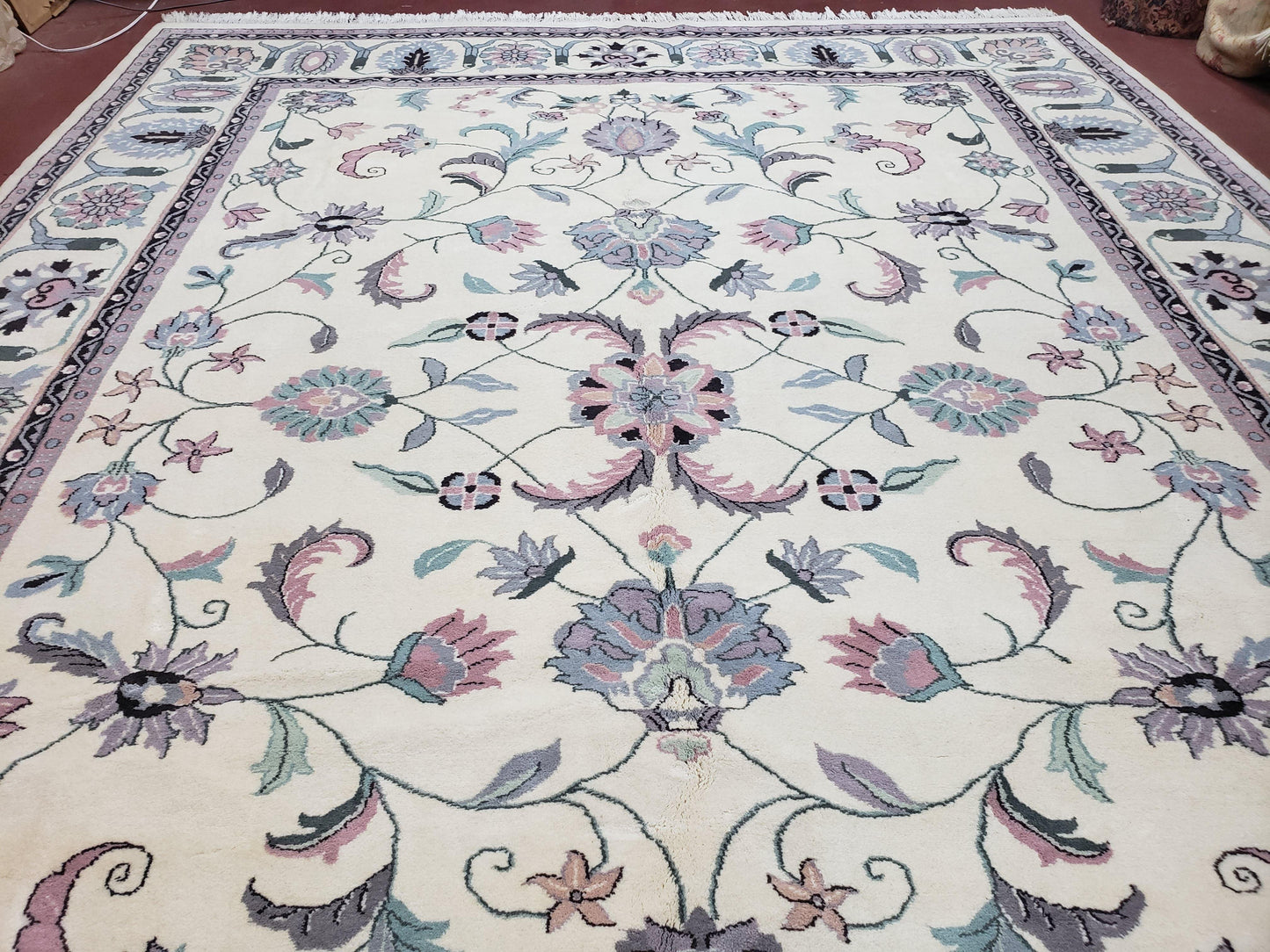 Ivory & Teal Indo Persian Area Rug 9x12, Wool Hand-Knotted Oriental Carpet, 9 x 12 Soft Traditional Living Room Rug, Dining Room Rug - Nuvé