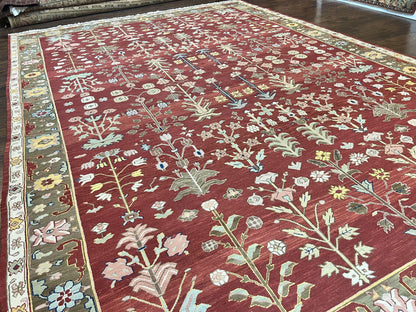 Indian Rug 10x14, Wool Hand Knotted Flatweave Carpet, Tree of Life, Red and Green - Nuvé